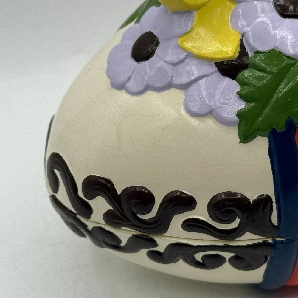 Vintage Hand Painted Ceramic Egg Rainbow Spring Flowers‎ Trinket Box Candy Dish